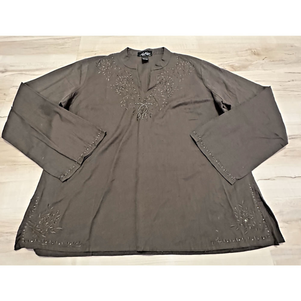 Russell Kemp NY Women Tunic Top 2X Brown Beaded V Neck Bell Sleeve Linen Blend